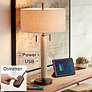 Franklin Iron Works Hugo Wood Column USB Table Lamp with Dimmer