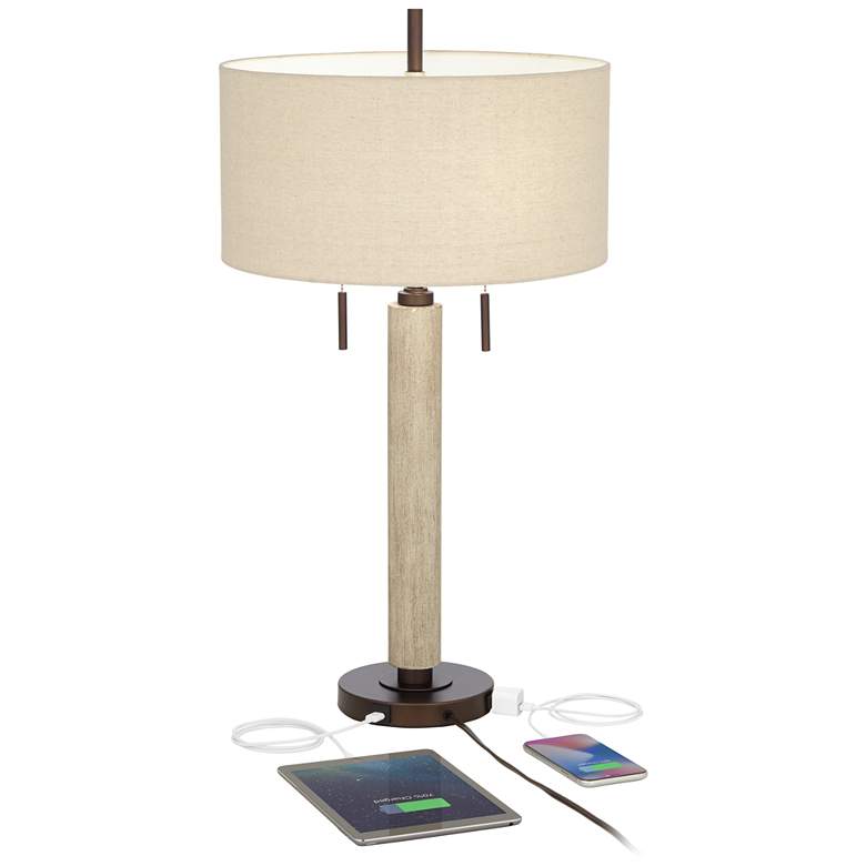Image 4 Franklin Iron Works Hugo Wood Column USB Table Lamp with Dimmer more views