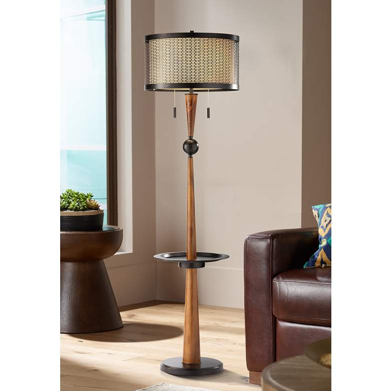 Image 1 Franklin Iron Works Hunter 64 3/4 inch Tray Table and USB Floor Lamp