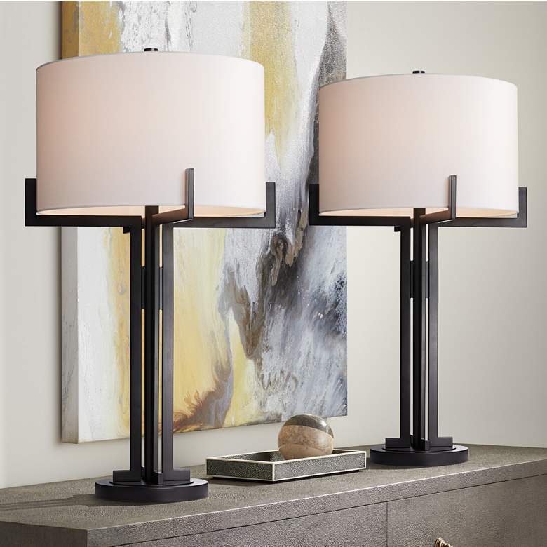 Image 1 Franklin Iron Works Idira Black Industrial Modern Table Lamps Set of 2