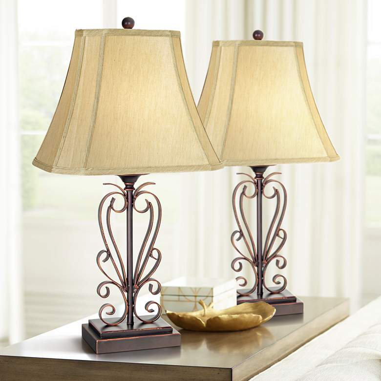 Image 1 Franklin Iron Works Iron Scroll 26 1/2" Bronze Table Lamps Set of Two