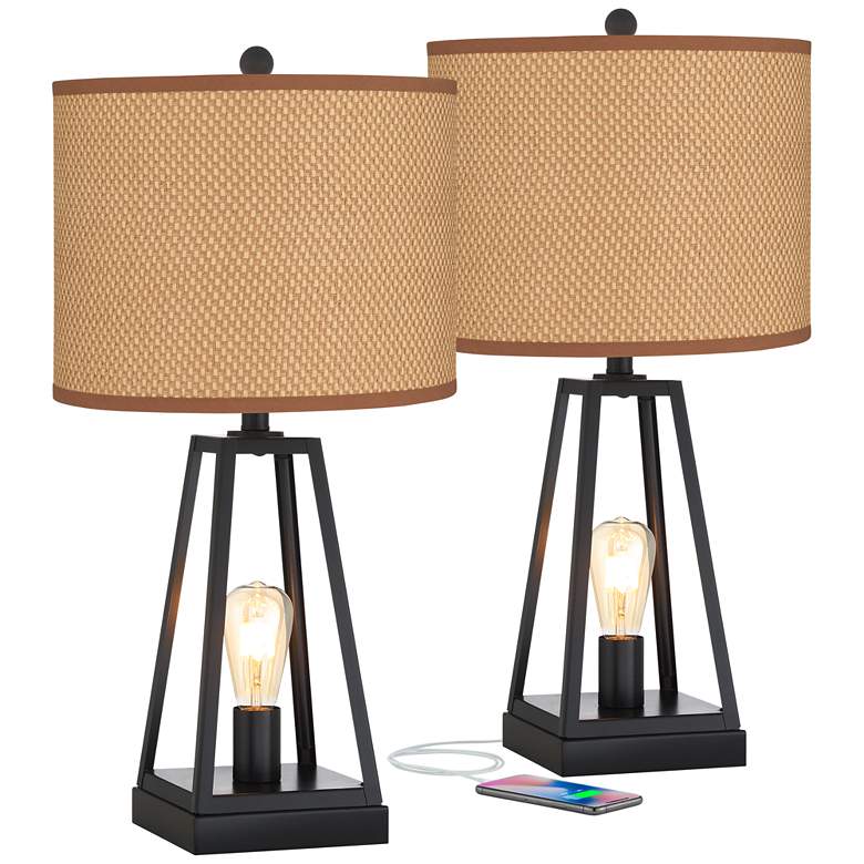 Image 1 Franklin Iron Works Kacey USB Table Lamps Set of 2 with Peanut Shades