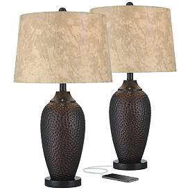 Image2 of Franklin Iron Works Kaly 25" Hammered Bronze USB Table Lamps Set of 2