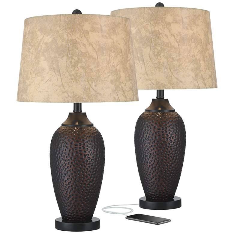 Image 2 Franklin Iron Works Kaly 25" Hammered Bronze USB Table Lamps Set of 2