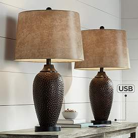Image1 of Franklin Iron Works Kaly 25" Hammered Bronze USB Table Lamps Set of 2