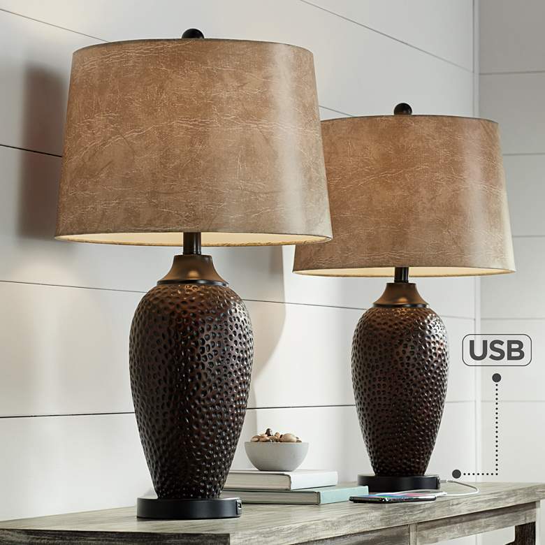 Franklin Iron Works Kaly Hammered Bronze Finish USB Table Lamps Set of 2
