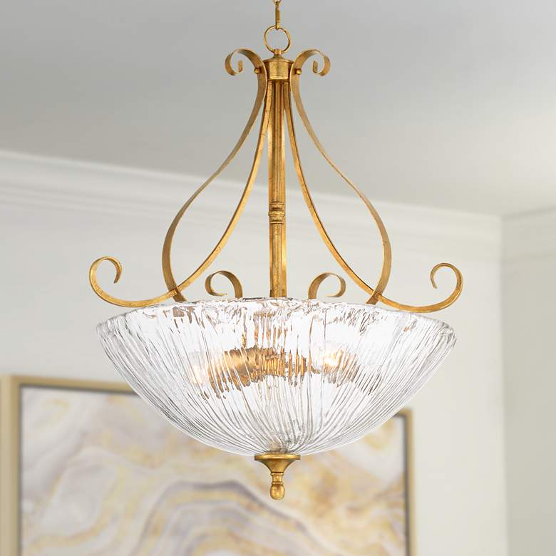 Image 1 Franklin Iron Works Katrina 25 1/4" Gold Leaf 3-Light Bowl Pendant