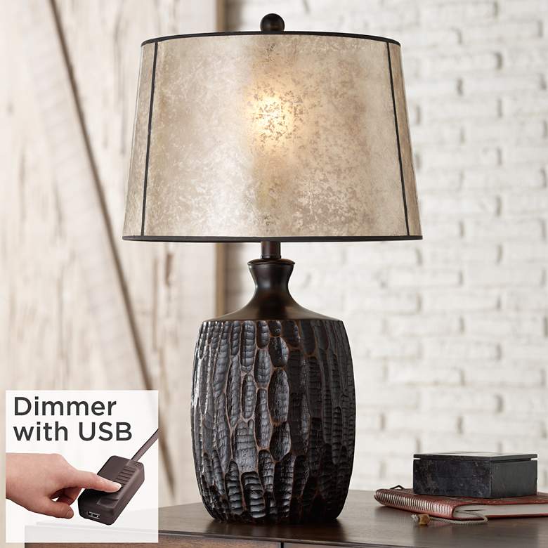 Image 1 Franklin Iron Works Kelly Rustic Lamp with Mica Shade and USB Cord Dimmer