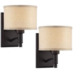 Franklin Iron Works La Pointe 9&quot; Linen and Bronze Wall Sconce Set of 2