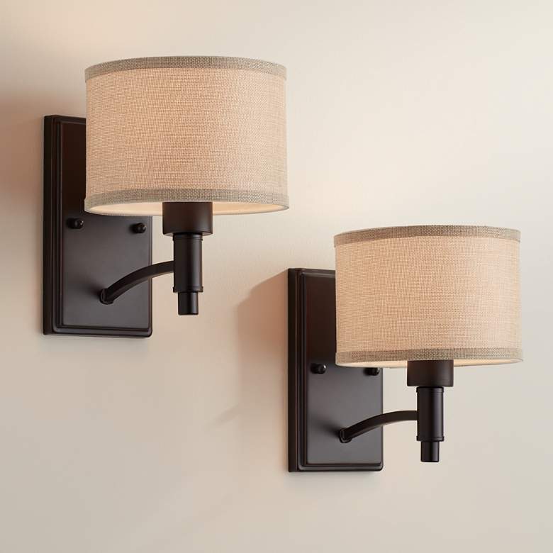 Image 2 Franklin Iron Works La Pointe 9" Linen and Bronze Wall Sconce Set of 2