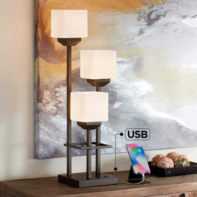 Image 1 Franklin Iron Works Light Tree 3-Light Bronze USB Accent Table Lamp