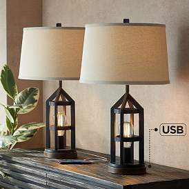 Image1 of Franklin Iron Works Lucas Dark Bronze USB Night Light Table Lamps Set of 2