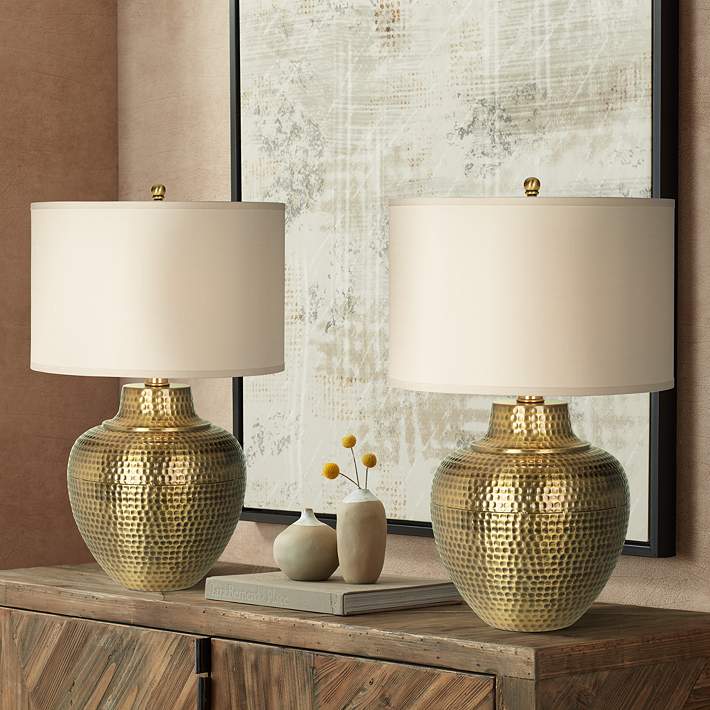 Franklin Iron Works Maison Loft Hammered Antique Brass Table Lamps