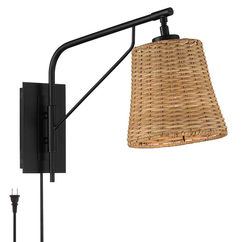 Image 2 Franklin Iron Works Matteo 13 inch High Black and Rattan Plug-In Wall Lamp