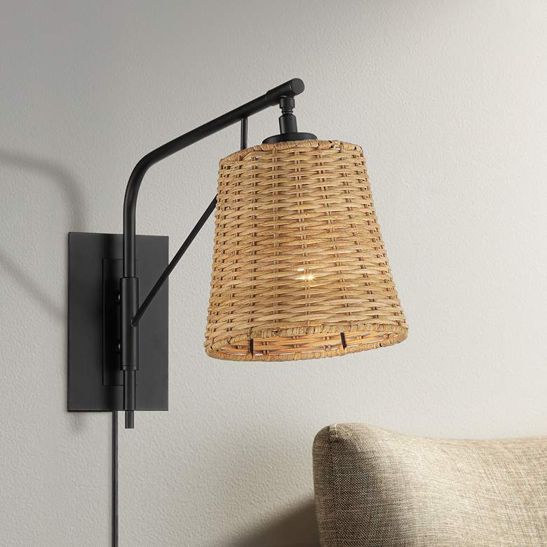 Image 1 Franklin Iron Works Matteo 13 inch High Black and Rattan Plug-In Wall Lamp