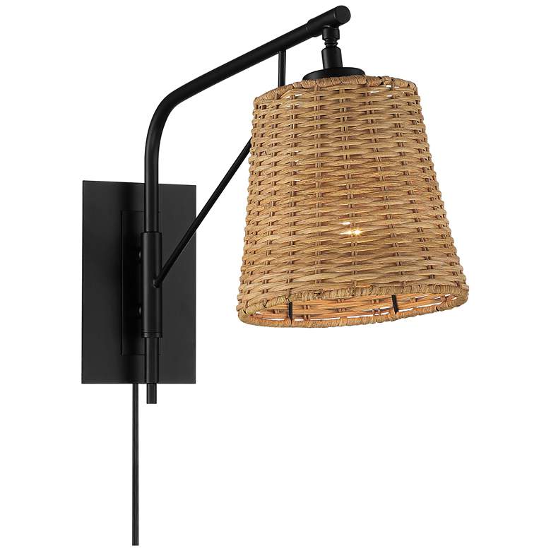 Image 5 Franklin Iron Works Matteo 13 inch High Black and Rattan Plug-In Wall Lamp more views