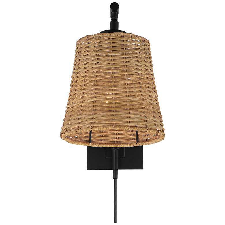 Image 6 Franklin Iron Works Matteo 13 inch High Black and Rattan Plug-In Wall Lamp more views