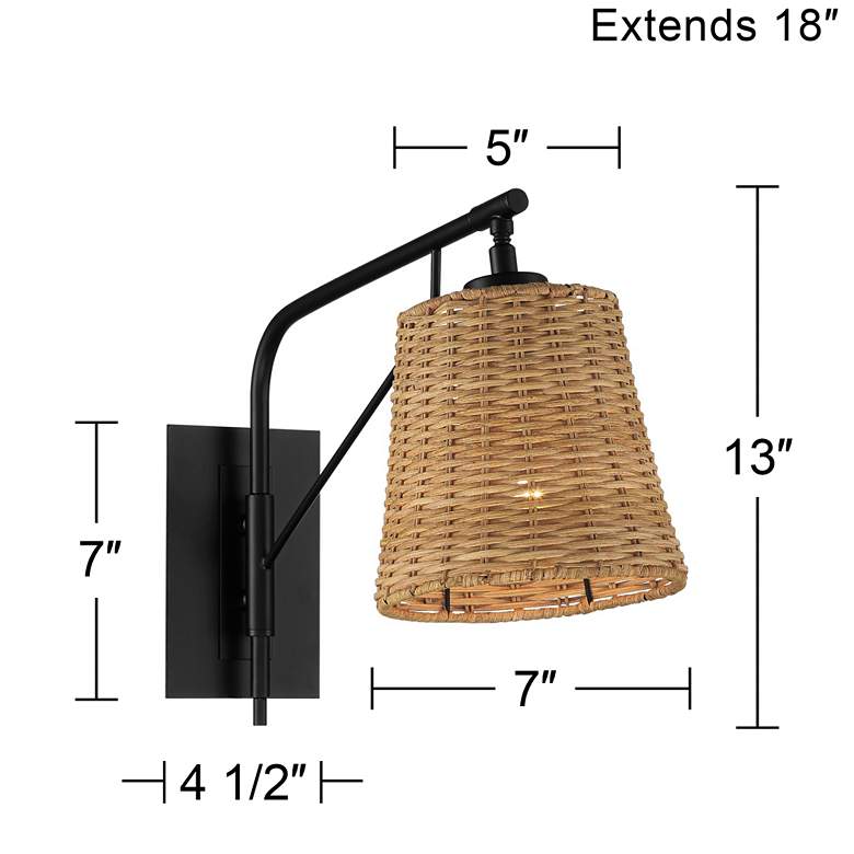 Image 7 Franklin Iron Works Matteo 13 inch High Black and Rattan Plug-In Wall Lamp more views