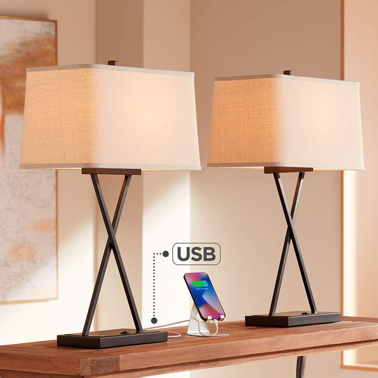 Image 1 Franklin Iron Works Megan USB Table Lamps Set of 2 with LED Bulbs
