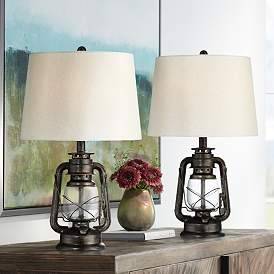 Image1 of Franklin Iron Works Miner Weathered Bronze Lantern Table Lamps Set of 2