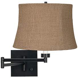 Image1 of Franklin Iron Works Natural Burlap and Espresso Plug-In Swing Arm Wall Lamp