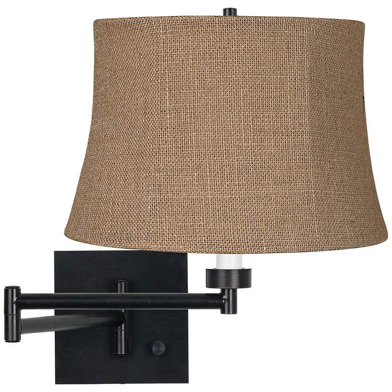 Image 1 Franklin Iron Works Natural Burlap and Espresso Plug-In Swing Arm Wall Lamp