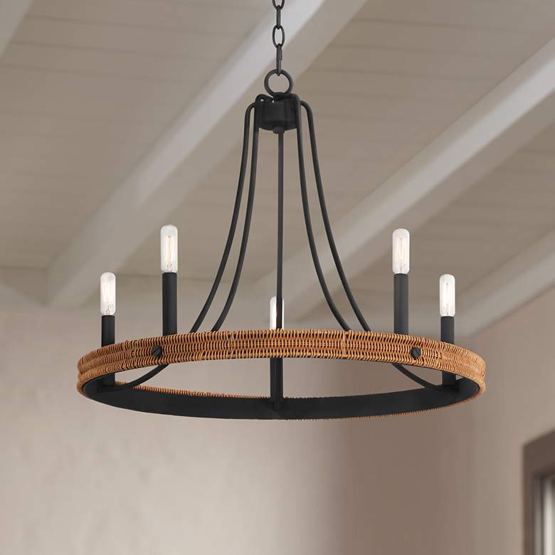 Image 1 Franklin Iron Works Navarro 24 1/2" Black Wood 6-Light Ring Chandelier