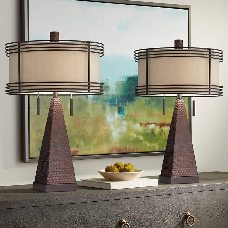 Image 1 Franklin Iron Works Niklas 26" Bronze Metal USB Table Lamps Set of 2