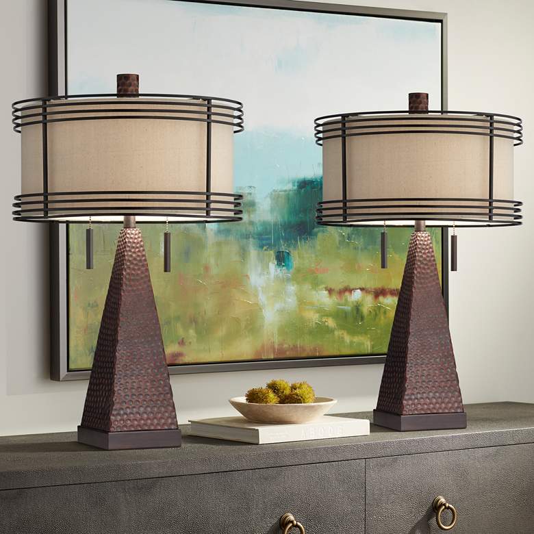 Image 1 Franklin Iron Works Niklas 26 inch Bronze Metal USB Table Lamps Set of 2