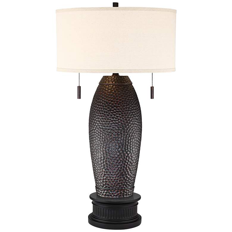 Image 1 Franklin Iron Works Noah 35 1/4" Hammered Bronze Lamp with Black Riser