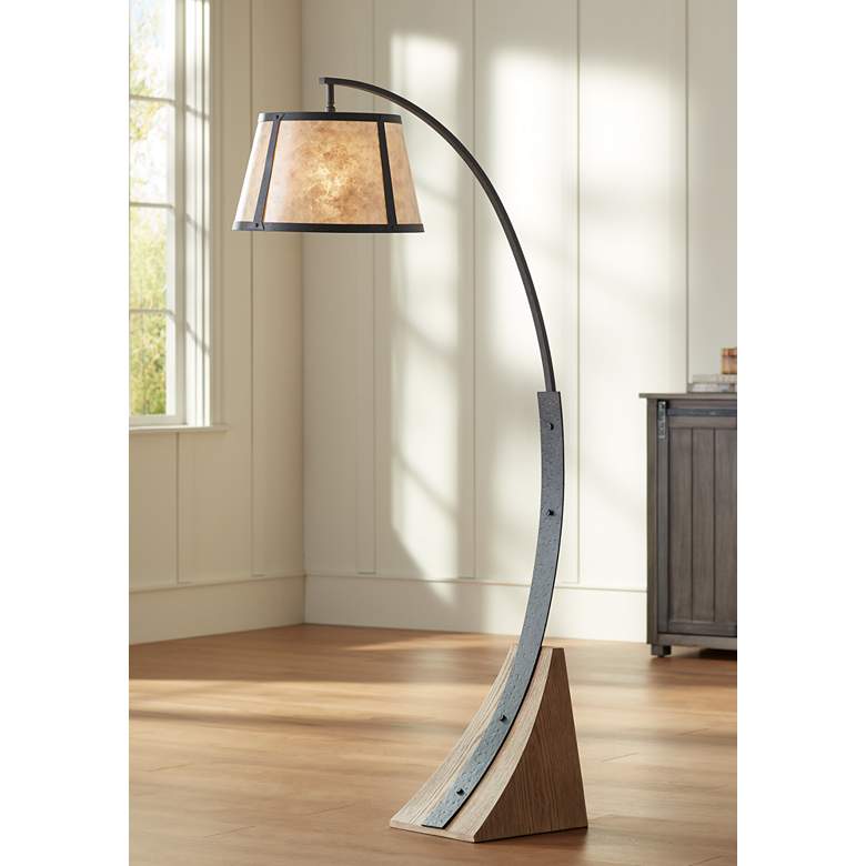 Image 1 Franklin Iron Works Oak River 66 1/2 inch Gray Blond Mica Arc Floor Lamp