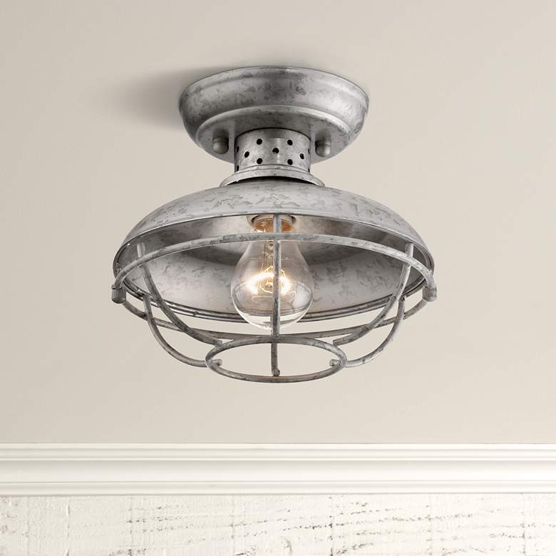 Image 1 Franklin Iron Works Park 8 1/2" Galvanized Outdoor Cage Ceiling Light