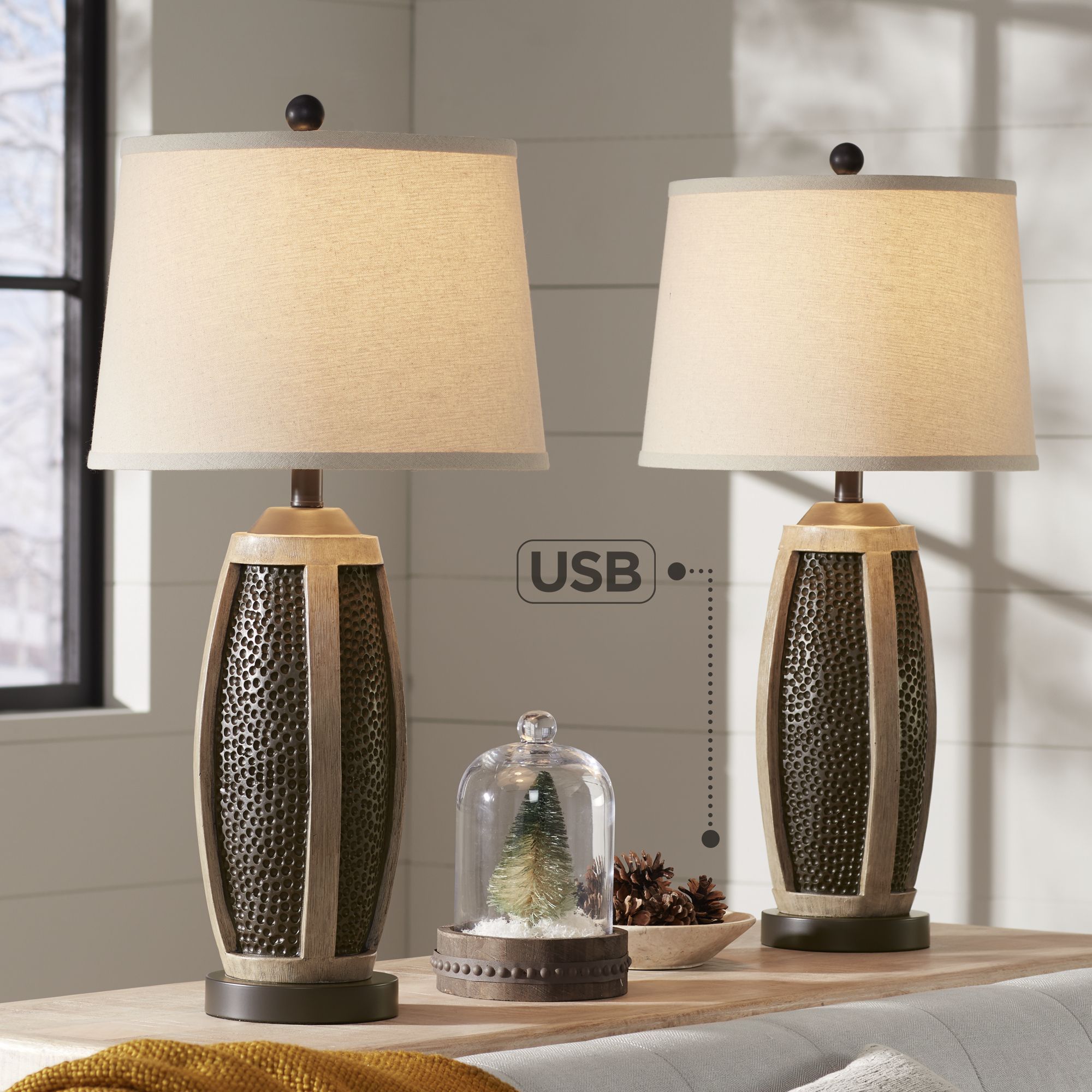 Franklin Iron Works Parker 28 1/2" Hammered Bronze USB Lamps Set of 2 in scene