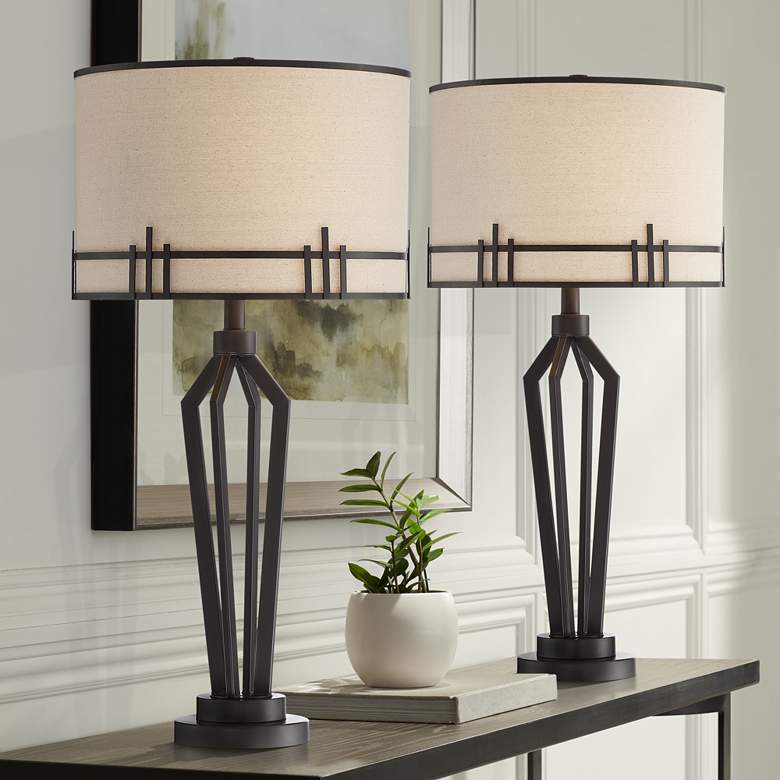 Image 1 Franklin Iron Works Picket 28" Bronze Industrial USB Lamps Set of 2