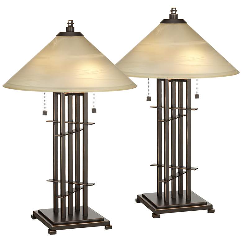Image 2 Franklin Iron Works Planes 'n' Posts Art Glass Table Lamps Set of 2