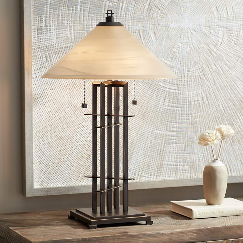 Image 1 Franklin Iron Works Planes 'n' Posts Glass Table Lamp with Dimmer