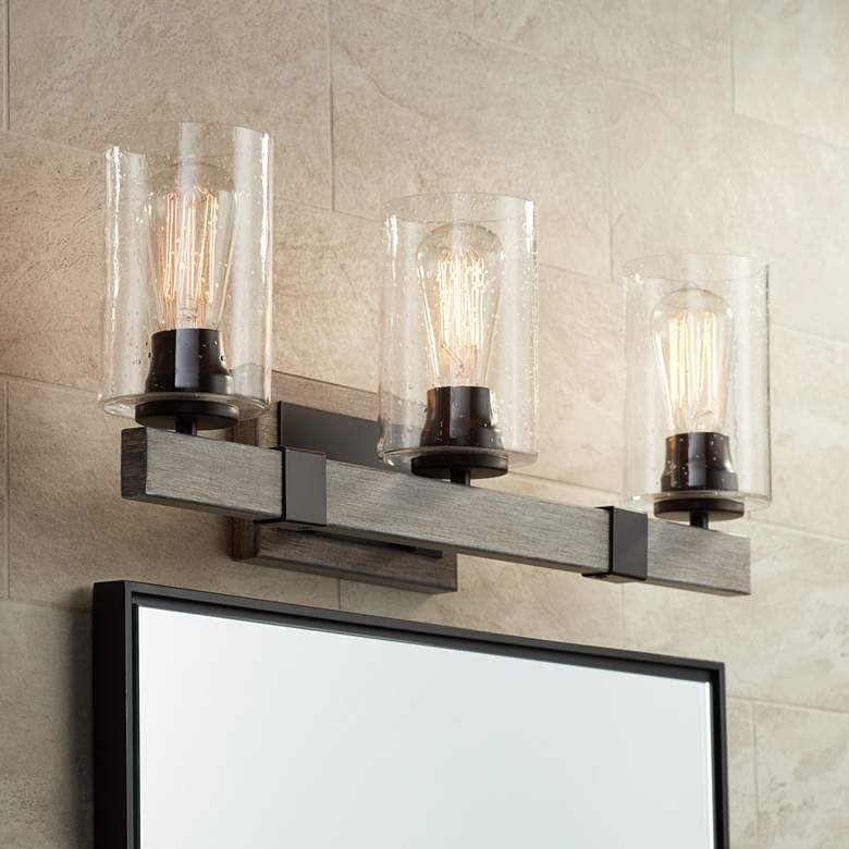 Image 1 Franklin Iron Works Poetry 23 1/2" Bronze and Faux Wood Bath Light