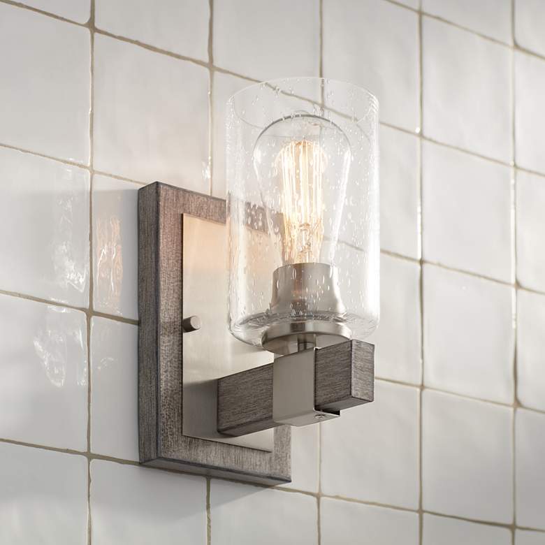 Image 1 Franklin Iron Works Poetry 9" High Nickel Gray Wood Rustic Wall Sconce
