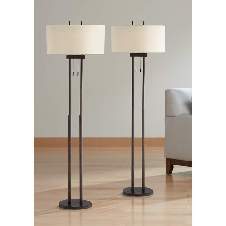 Image 1 Franklin Iron Works Roscoe 62 inch Bronze Pole Modern Floor Lamps Set of 2