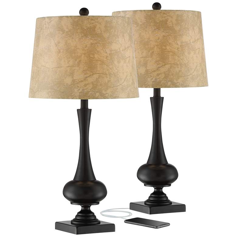 Image 2 Franklin Iron Works Ross 27" Dark Bronze USB Table Lamps Set of 2