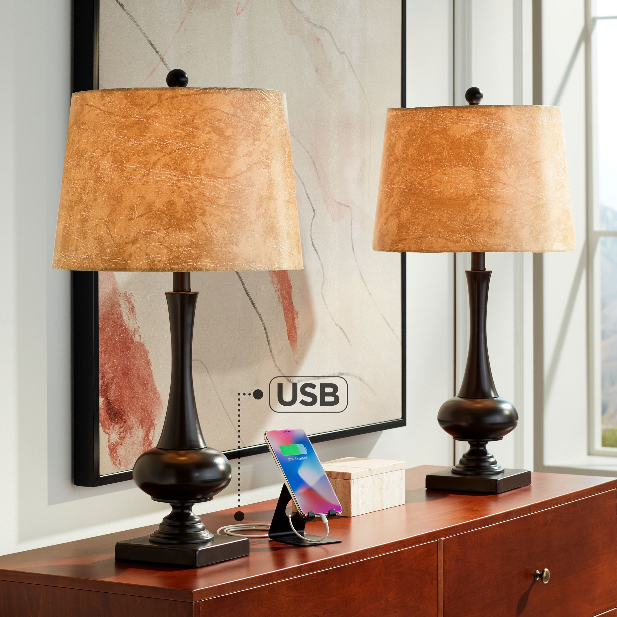 Franklin Iron Works Ross 27" Dark Bronze USB Table Lamps Set of 2
