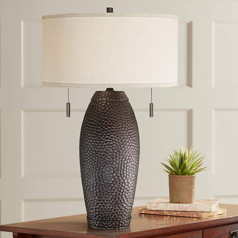 Image 7 Franklin Iron Works Rustic Vase Hammered Bronze Pull Chain Lamps Set of 2 more views