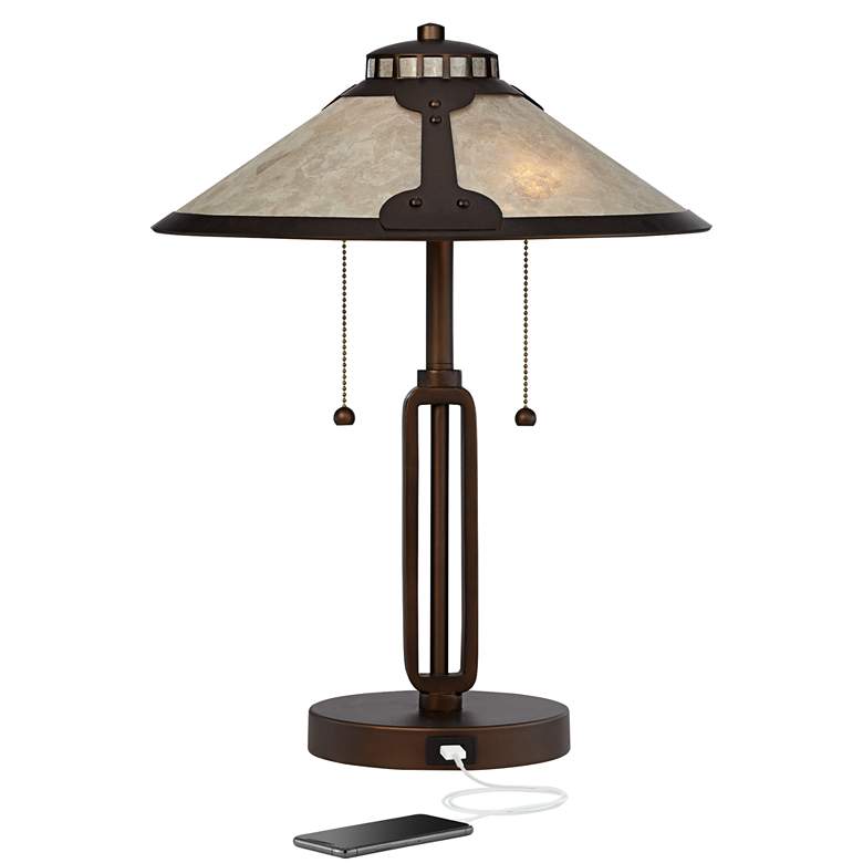Image 3 Franklin Iron Works Samuel 20 inch Mica and Bronze Pull Chain USB Lamp