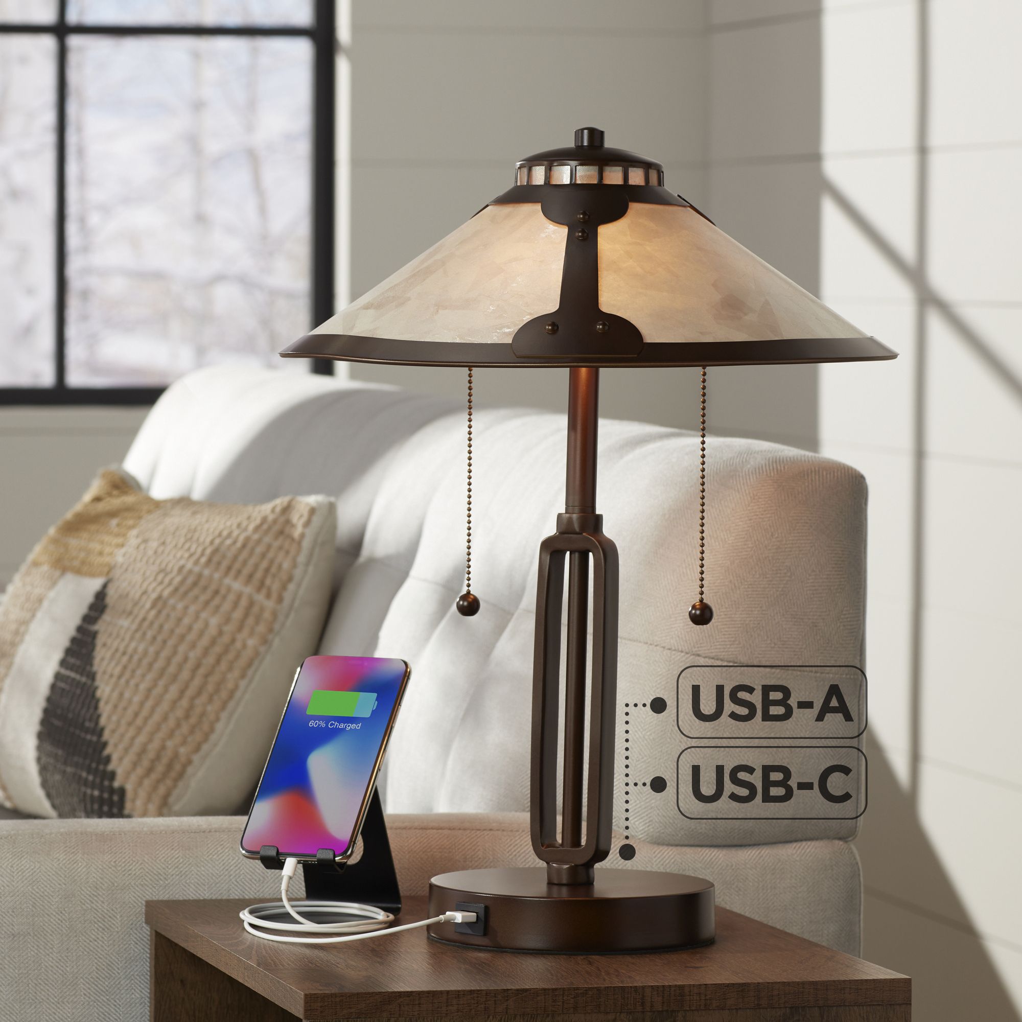 Franklin Iron Works Samuel 20" Mica and Bronze Pull Chain USB Lamp in scene