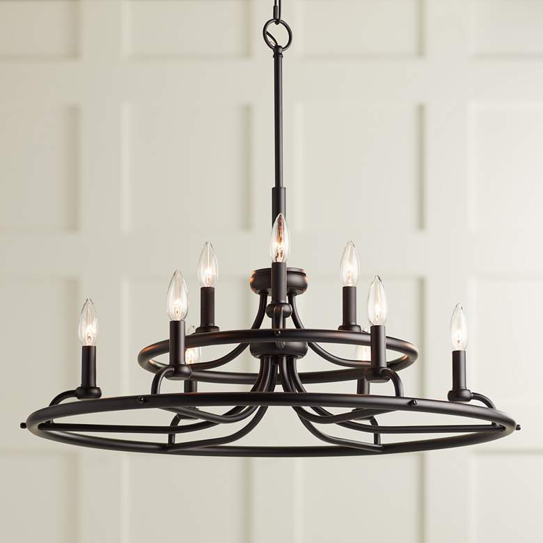 Image 1 Franklin Iron Works Shane 30 inch Black Two-Tier 9-Light Ring Chandelier