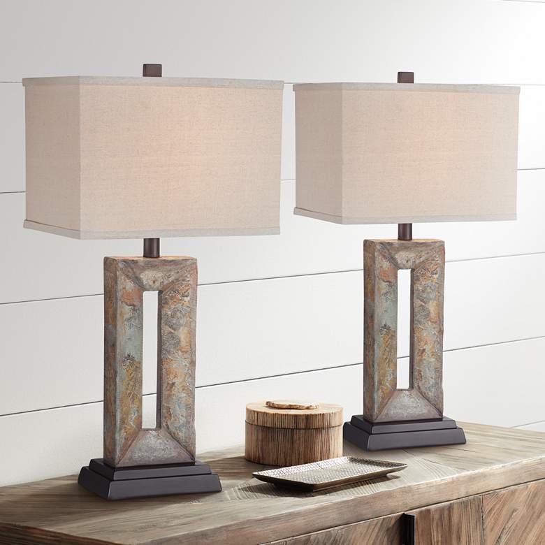 Image 1 Franklin Iron Works Tahoe 26 inch Rectangular Slate Table Lamps Set of 2
