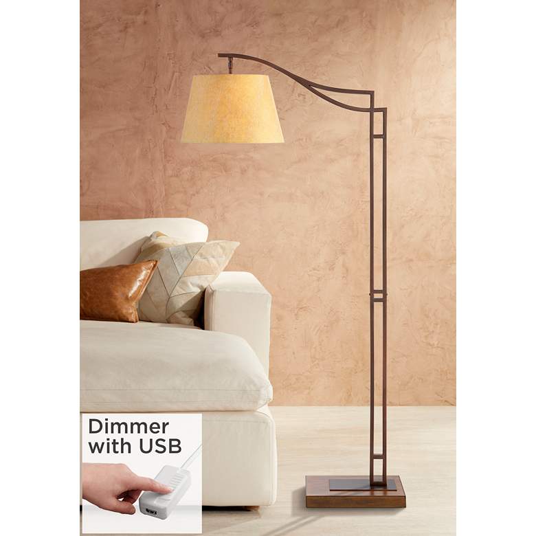 Image 1 Franklin Iron Works Tahoe 60 inch Bronze Arc Floor Lamp with USB Dimmer