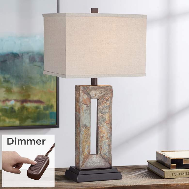 Image 1 Franklin Iron Works Tahoe Rectangular Slate Table Lamp with Dimmer