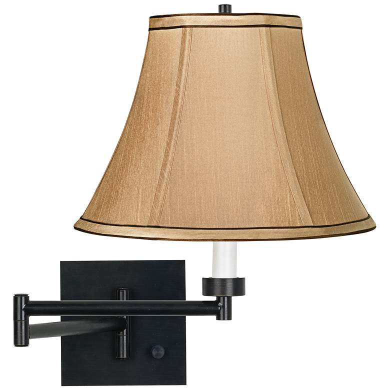 Image 1 Franklin Iron Works Tan and Brown Trim Bell Shade Black Plug-In Swing Arm