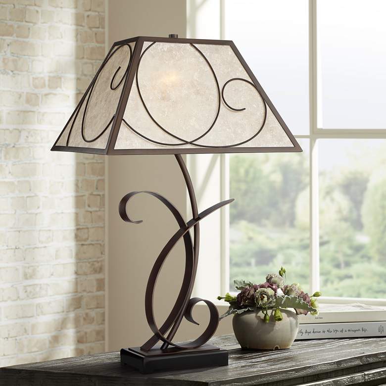 Image 1 Franklin Iron Works Teri 27 inch Bronze Scroll Mica Shade Table Lamp